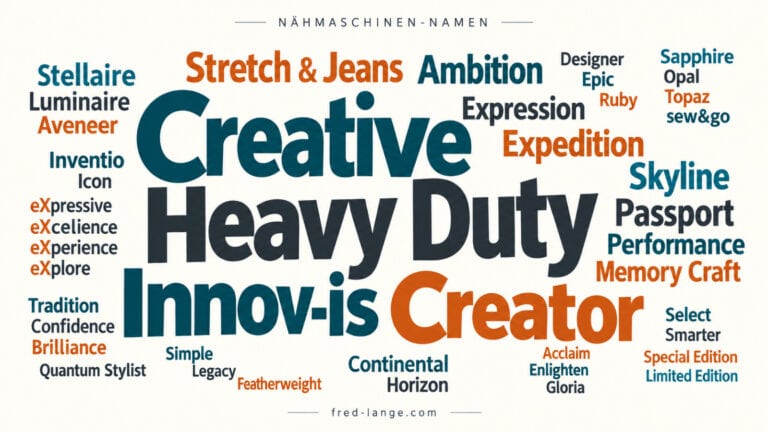 Nähmaschinen Namen: Was bedeuten Heavy Duty, Creative & Co.? 1 Wortwolke mit Nähmaschinen Bezeichnungen wie Creative, Heavy Duty, Innov-is, Creator und Stretch & Jeans.